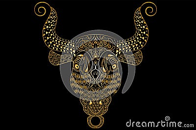 Golden head bull zentangle with patterns Vector Illustration